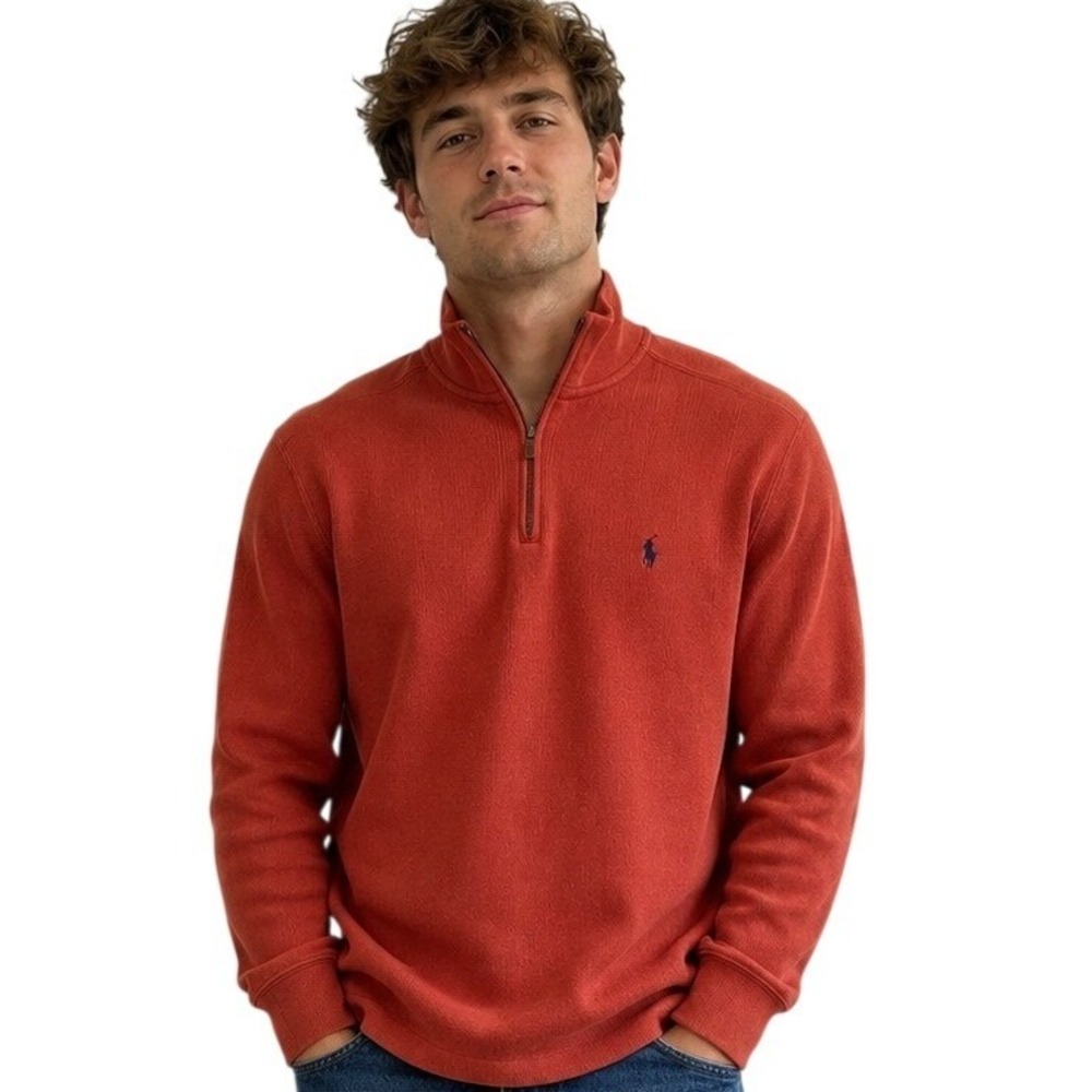 VTG Polo Ralph Lauren 1/4 Zip Knit Sweater Burnt Orange M Pony Mock Neck